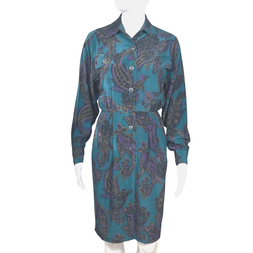 Vintage 90's 100% Silk Paisley Shirt Dress Women 4P Teal and Purple Button Front